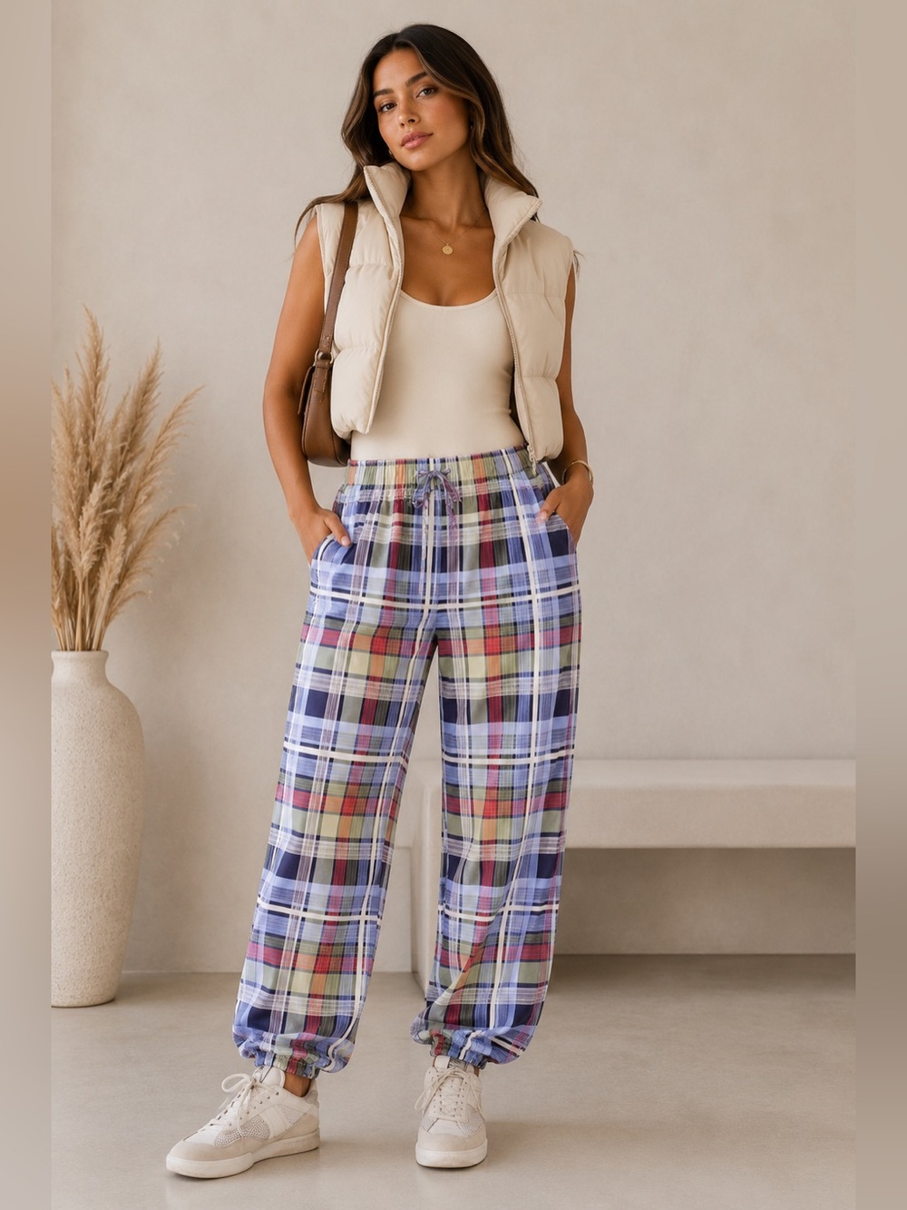 609. Free Spirit Plaid Jogger Pants in Blue Multi